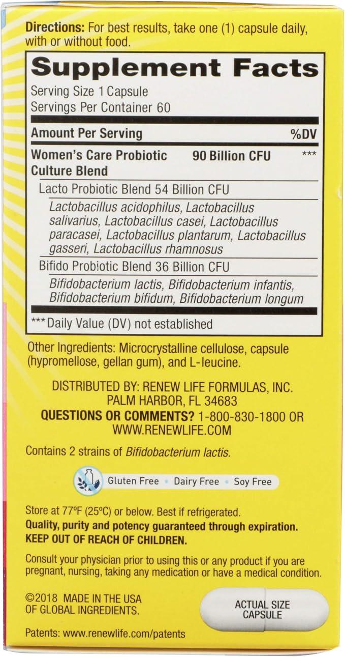Renew Life Women's Probiotic Capsules, Supports pH Balance for Women, Vaginal, Urinary, Digestive and Immune Health, L. Rhamnosus GG, Dairy, Soy and Gluten-Free, 90 Billion CFU - 60 Ct | 60 Vegetarian Capsules | Promote Digestive Health & Regularity | ...
