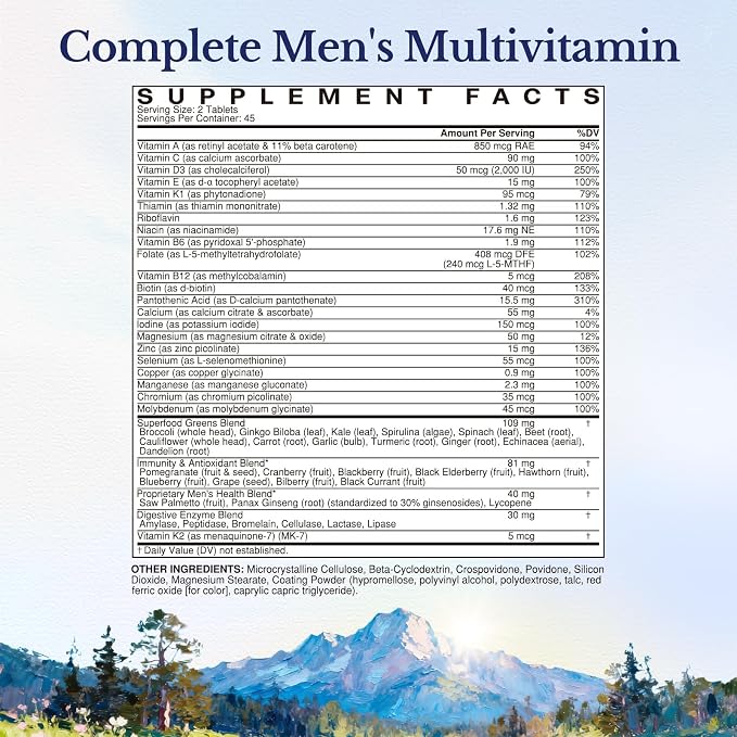 Vitalitown Multivitamin for Men, with Lycopene, Saw Palmetto, Magnesium, Zinc, Selenium, Vitamin A C D E K B, Fruits, Veggies & Enzymes for Complete Men's Health Support, Non-GMO, 90 Tablets