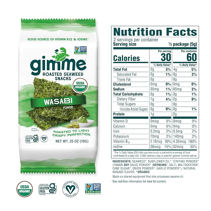 Gimme 12 CT Sharing Size Wasabi Organic Seaweed Snacks, 10g, 0.35oz