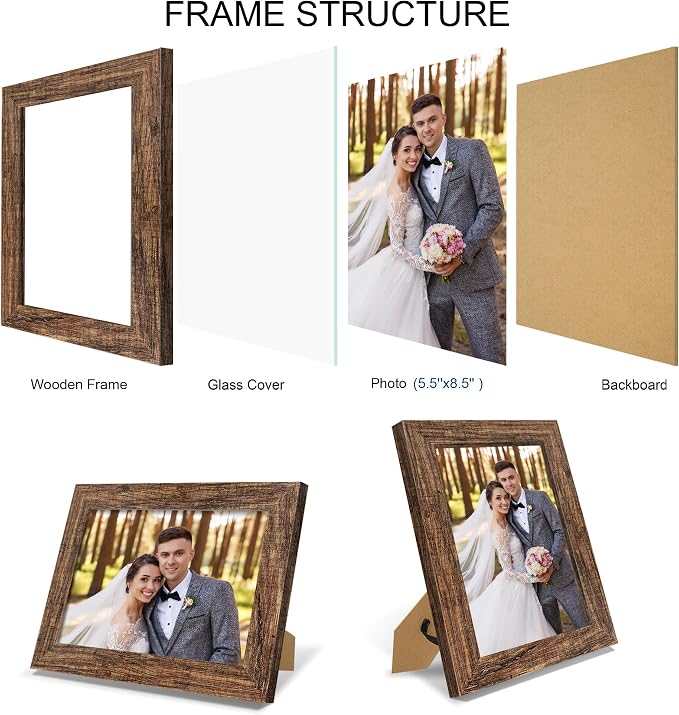 Hongkee 5.5 x 8.5 Diploma Frame Set of 4, Made of Real Glass and Rustic Brown Frame, 5.5 by 8.5 Photo for Wall or Tabletop