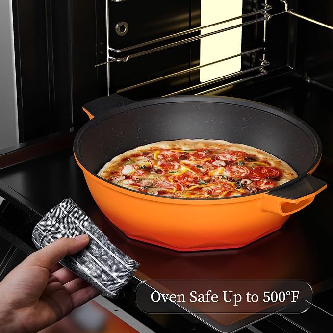 TIBORANG 11 Inch Nonstick Frying Pan with Lid,8-in-1 Multipurpose Cookware | 5 Qt Deep Sauté Pan Skillet with Steamer, PFOA-Free, Dishwasher & Oven Safe, Induction Compatible, Stay-Cool Handle,Tangerine