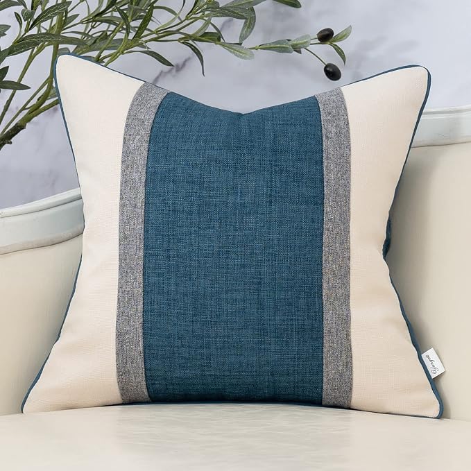 Patchwork Pillow Cover 18x18 Inch Luxury Cotton and Linen Cushion Cover Square Pillowcover for Couch Bedroom Living Room, Blue
