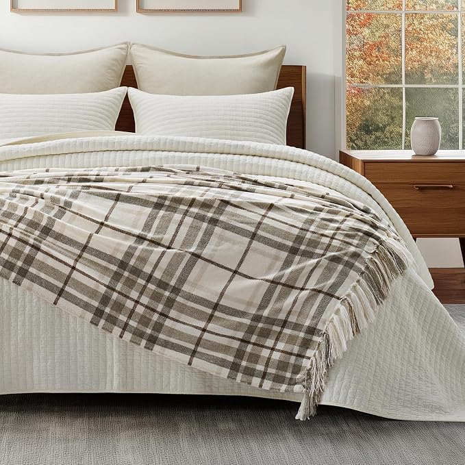 Plaid Chenille Knit Throw Blanket for Couch, 50"x60", Beige | Super Soft Knitted Throw with Tassels, Cozy, Decorative Farmhouse Plaid, Lightweight, Ideal for Bed Sofa Gift Home Decor