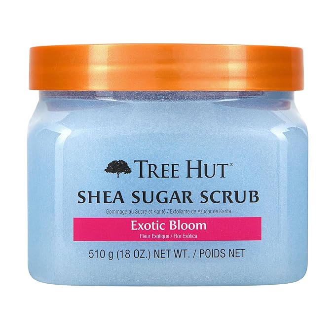 Tree Hut Exotic Bloom Shea Sugar Scrub, Exfoliating, Hydrating & Moisturizing Body Scrub with Shea Butter & Nourishing Essential Oils, Smooth & Soften Skin, 18 oz