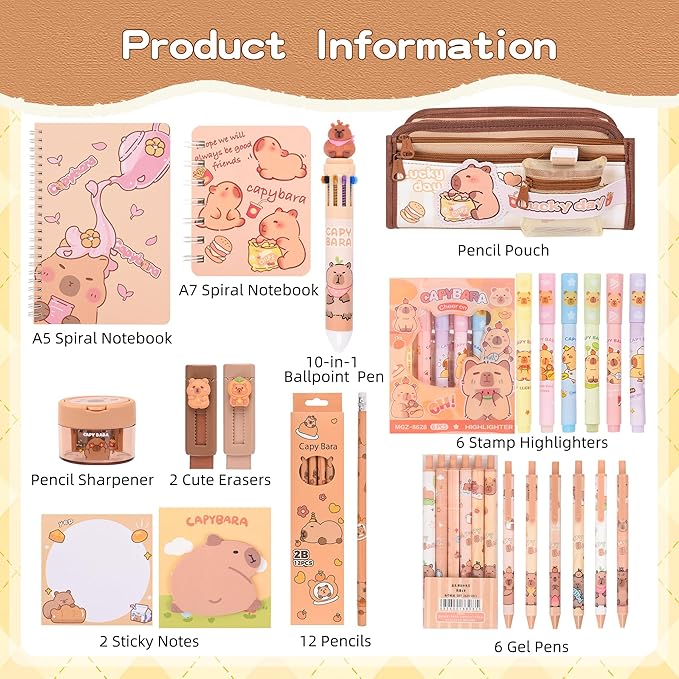 33Pcs Cute Capybara Stationery Set,Capybara Birthday Gifts for Boys Girls School Supplies,Capybara Set with Compartments Gel Pens, Pencils, Erasers, Pencil Sharpener etc, Classroom Rewards.