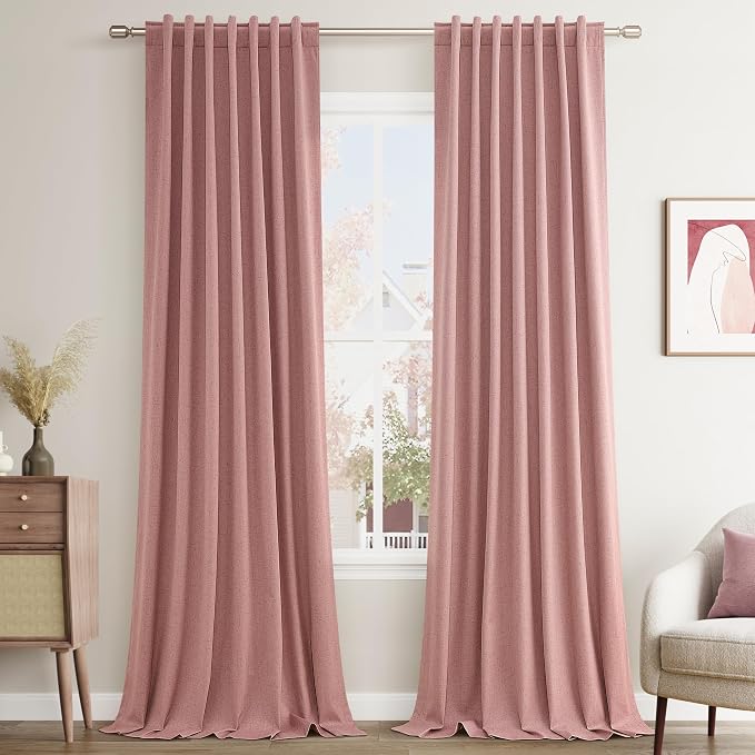 Guken 100% Blackout Curtains 96 Inch Length 2 Panels Set for Living Room Bedroom Back Tab Thermal Insulated Black Out Linen Drapes Room Darkening Window Curtains 96 Inches Long, Ash Rose