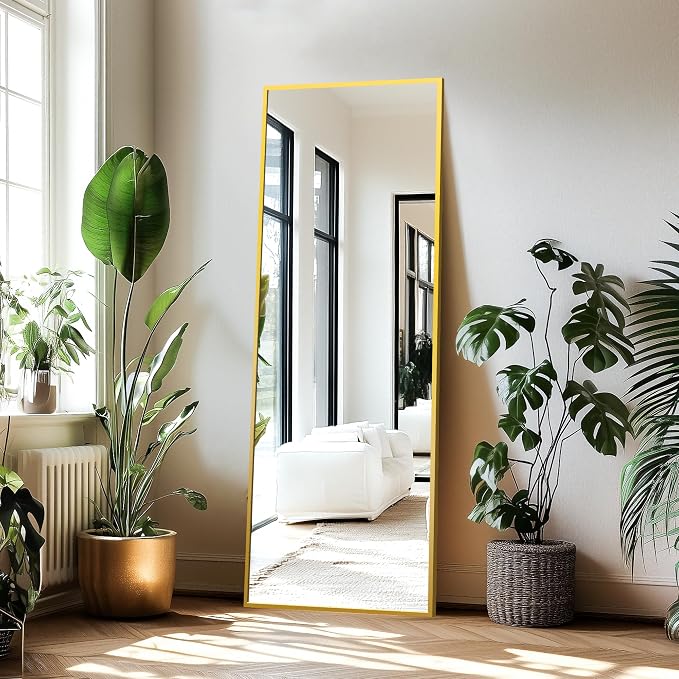 Delma Full Length Standing Mirror,Large Floor Mirror with Aluminum Frame for Bedroom, Bathroom, Living Room,Wall Mount or Freestanding Design(with Stand,Rect 69x24-Gold)