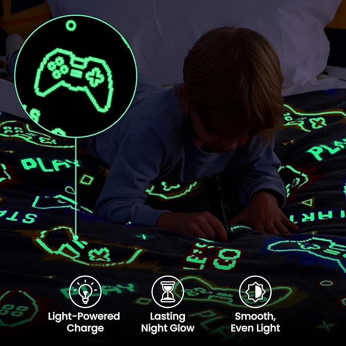Joiedomi Glow in The Dark Gaming Blanket Gamer Gifts for Boys Age 2 3 4 5 6 7 8 9 10 11 12 Year Old, Soft Cozy Flannel Kids Throw Blanket, Birthday Bedroom Decor Grey 50"×60"