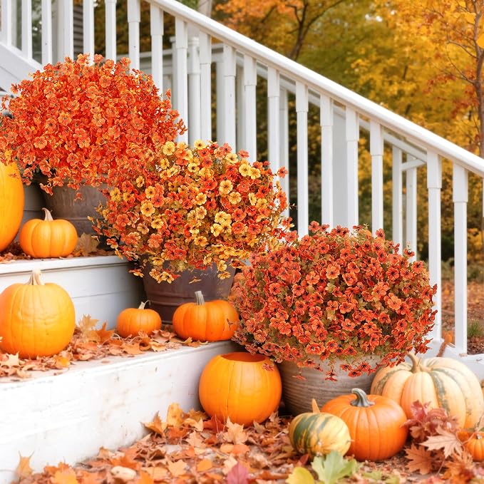 Ouddy Decor 24 Pcs Artificial Fall Flowers, Fake Mums Outdoors, Fall Orange | Lifelike faux mums, silk flower, UV resistant, no-maintenance, for autumn Thanksgiving garden porch yard indoor outdoor decor