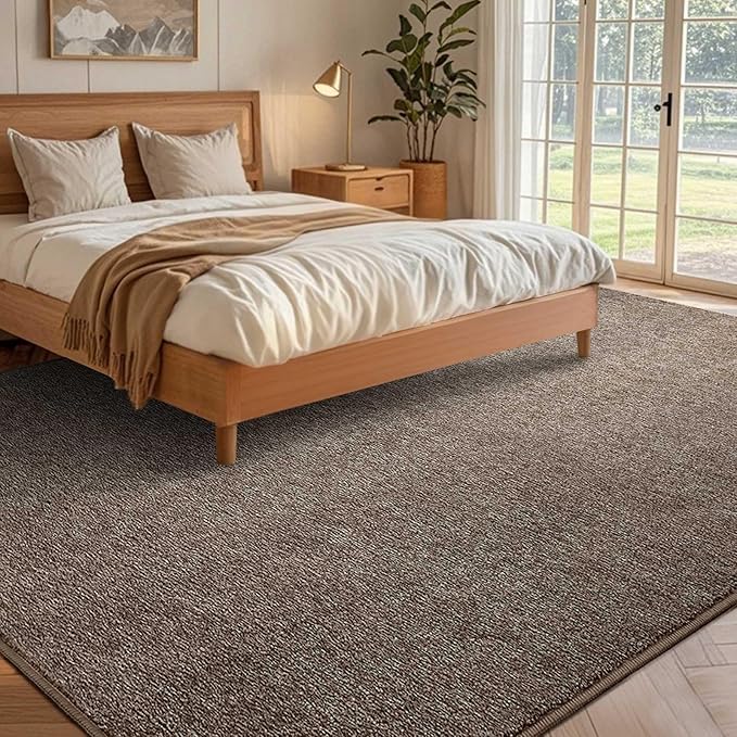 FinRèc 7x10 Washable Area Rugs for Bedroom Living Room, Low Pile Thin Rug Solid Color, Non-Slip Carpet Indoor for Home Decor (Brown/White)