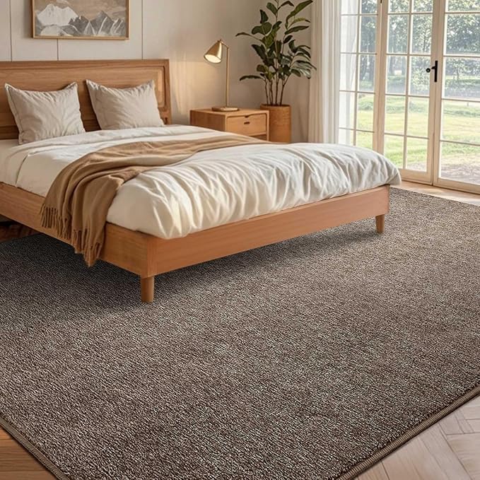 FinRèc Low Pile 5x7 Washable Area Rugs for Bedroom Living Room, Thin Rug Solid Color, Non-Slip Carpet Indoor for Home Decor (Brown/White)