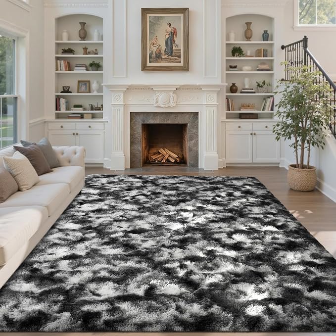5x7 Area Rugs for Living Room, Black Plush Fluffy Shaggy Bedroom Rugs Non-Slip, Ultra Soft Carpet for Nursery Kids PlayRoom Dorm Office Indoor