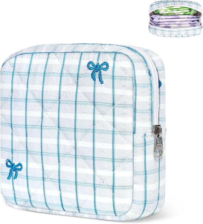 Likesing Quilted Period Bag, Period Pouches for Teen Girls Womens, Portable Floral Print Sanitary Napkin Storage Bag Feminine Emergency Tampon Pad Pouch(Blue Floral Clash)