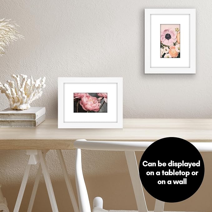 Americanflat 6x8 Picture Frame - Matted to 3x5 - Engineered Wood - White | Shatter-resistant glass, wall or tabletop display with included easel, sawtooth hangers included, use with or without mat