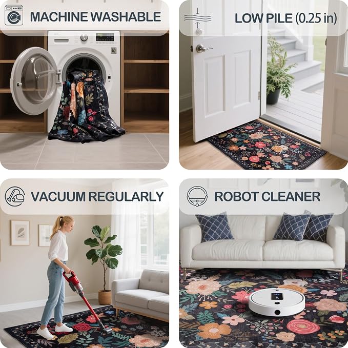Extra Large 10x14 Area Rug for Living Room, Washable Rugs for Dining Room, Bedroom, Non Slip Stain Resistant Carpet, Low Pile Vintage Floral Rug (Black)