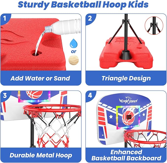 Eaglestone Kid Basketball Hoop Indoor with LED Lights & Scoreboard,Toddler Basketball Hoop Adjustable Height 2.9ft-6ft, Mini Hoop Outdoor with 3 Balls,Basketball Toy Gifts for 3-12 Year Old Boys Girls