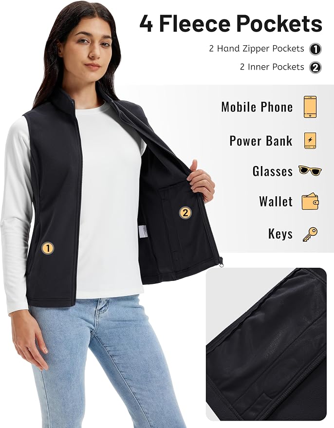 TACVASEN Women's Fleece Vest Lightweight Sleeveless Zip Jacket Outerwear | Soft Polar,Zipper Pockets,Stand Collar,Fall Winter Warm,Outdoor,Athletic,Running,Hiking,Travelling,Golf,Work
