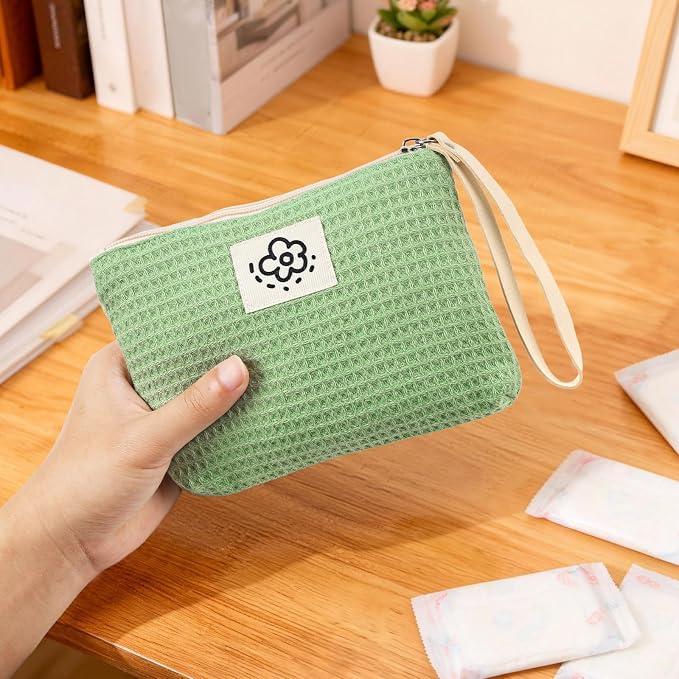 Waffle Canvas Period Pouch First Period Kit Bag Small Discreet Menstrual Cup Pad Pouch Cute Sanitary Napkin Storage Bag Tampon Holder Multi-purpose Feminine Bag Green