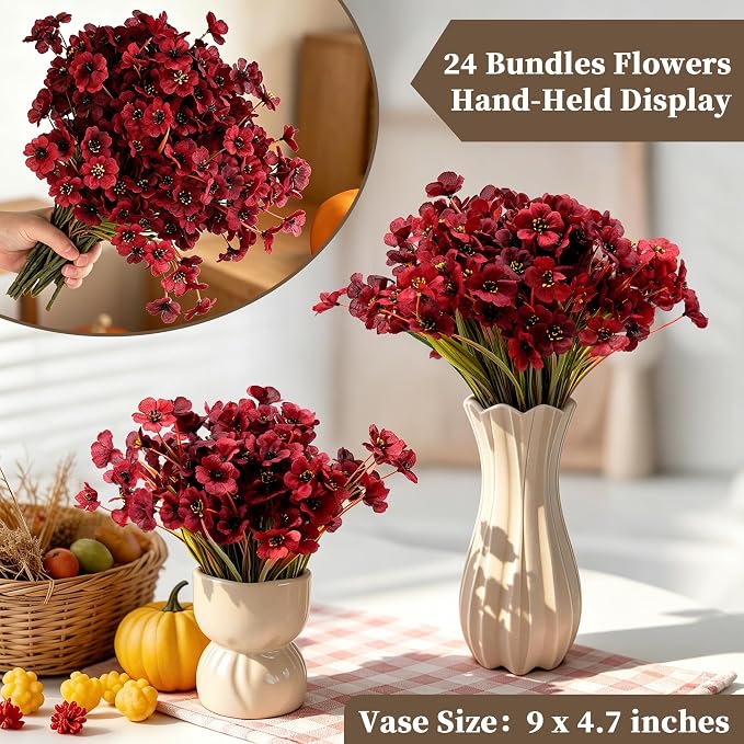 ColoPlay 24PCS Burgundy Artificial Flowers for Outdoors Faux Mums Plant | Artificial Mums for Outdoors/Indoors Faux Mums for Planters, Fall Flowers for Decoration Garden Porch Box Home Farmhouse