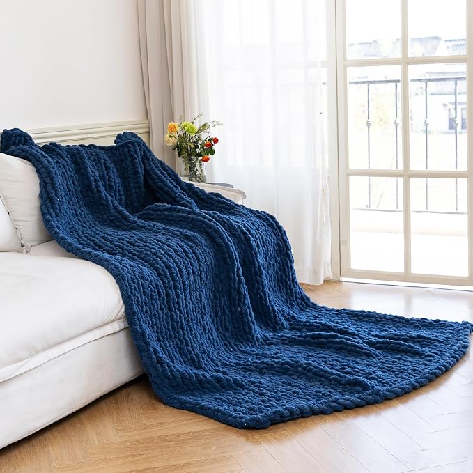 Chunky Knit Blanket - Luxury Soft Cozy 50 * 60 Throw Blanket,100% Woven Blanket Rope Knot Throw Blanket for Couch, Sofa, Home Decor, Gift - Machine Washable (Deep Blue, 50 * 60)