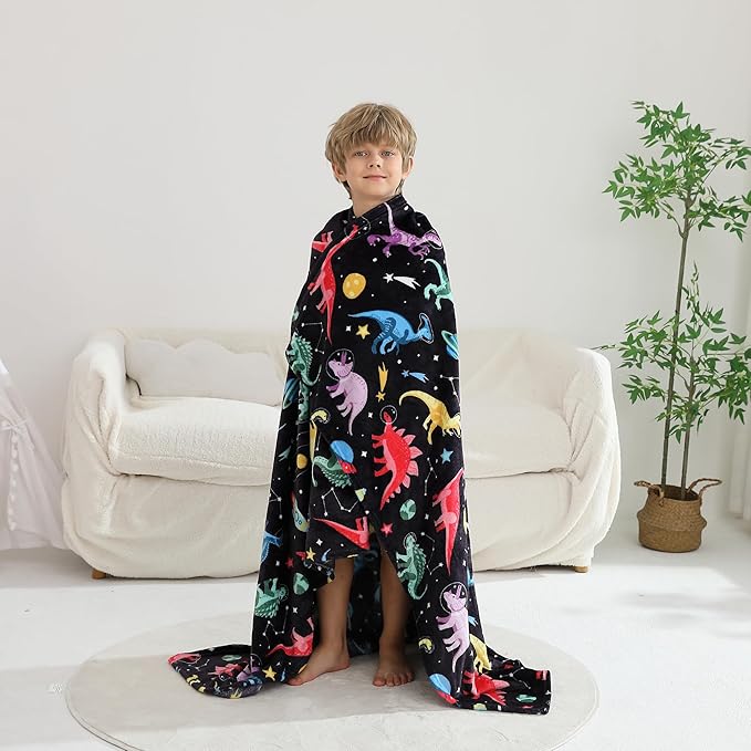 Softan Kids Throw Blanket for Girls & Boys, Warm Soft Toddler Flannel Blankets for Sofa Couch Bed， Cozy Fuzzy Plush Flannel Kids Throw Blanket for Daycare & School - Space Dinosaur 50x60 inches