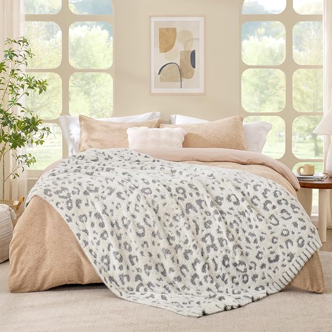 Snuggle Sac Leopard Luxury Faux Fur Throw Blanket for Couch,Ultra Soft Cozy Plush Fluffy Blanket for Sofa Bedroom Living Room,Grey Leopard,50x60 inches