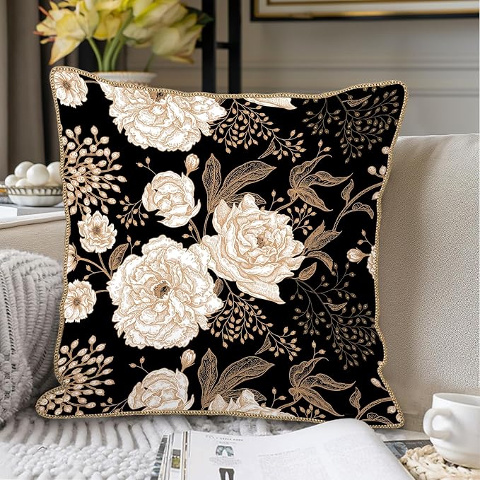 KSLIDS Vintage Peony Roses Floral Soft Velvet Throw Pillow Covers Set of 2 White Roses Flower Bloom Leaves Decorative Pillow Covers 20x20 Inch Black Gold Cream Pillow Case for Sofa Couch Home Decor