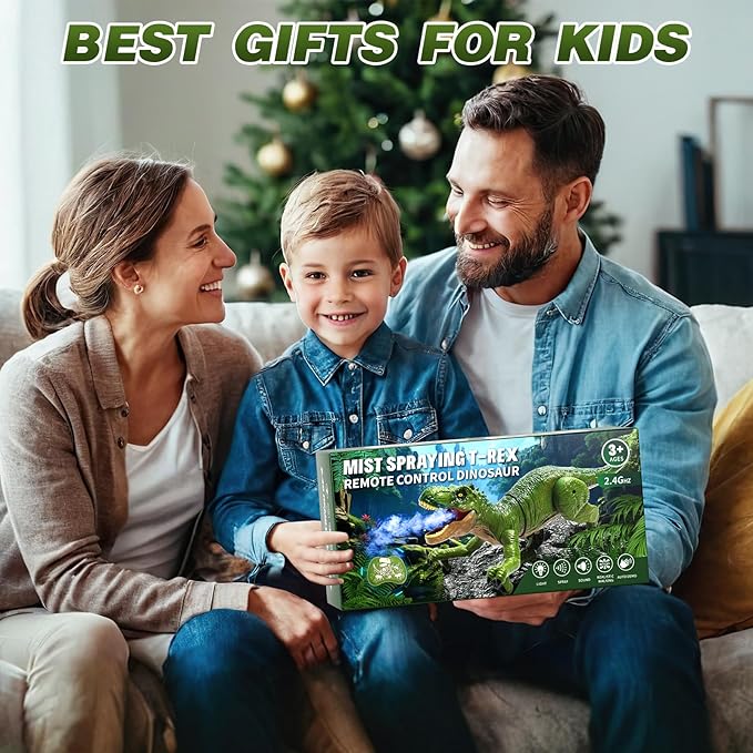 Sunrad Remote Control Dinosaur Toys for Kids 3-5 4-7 8-12 Year Old, Electronic RC Robot Dinosaur with Spray & Light & Roar, Realistic Walking T-Rex Toys Birthday Gifts for Boys Girls(Green)