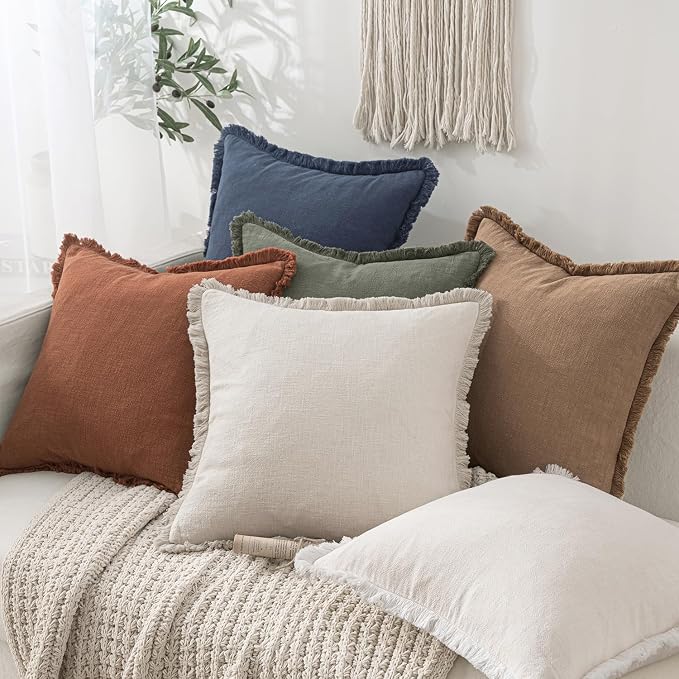MIULEE Linen Fringe Decorative Euro Pillow Covers Natural Beige 24x24 | Set of 2, Cottagecore Decor, Boho Farmhouse Neutral Throw Pillow Covers, Rustic Couch Cushion Cases for Sofa Bed Living Room