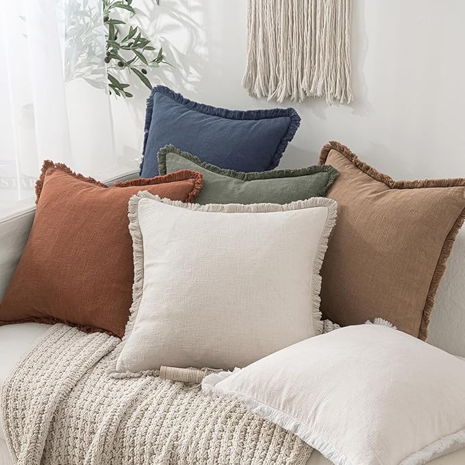 MIULEE Linen Fringe Decorative Euro Pillow Covers Natural Beige 22x22 | Set of 2, Cottagecore Decor, Boho Farmhouse Neutral Throw Pillow Covers, Rustic Couch Cushion Cases for Sofa Bed Living Room