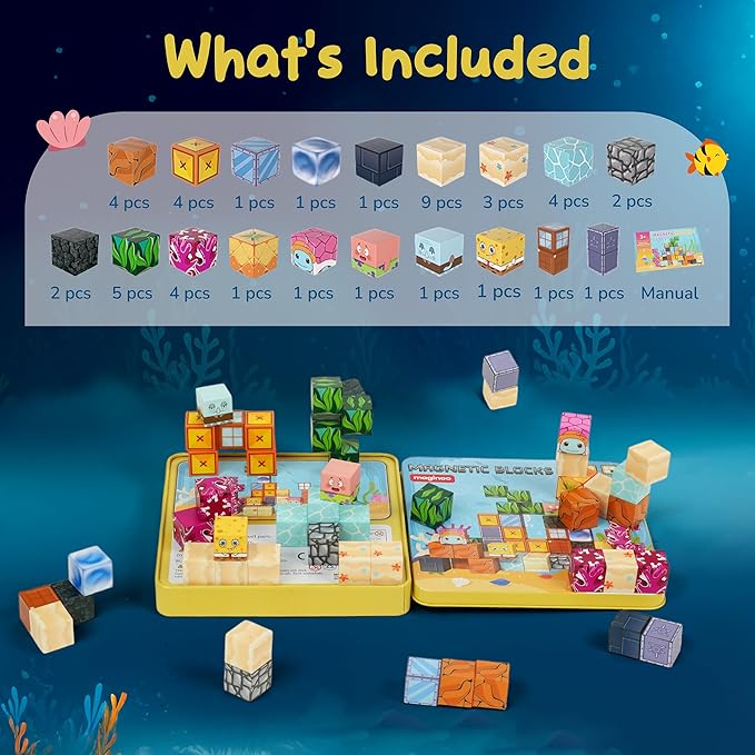 49PCS Mini Magnetic Blocks Ocean Theme – Sea Life Magnet Building Cubes with Storage Iron Box, STEM Educational Travel Toys for Kids Ages 3–8, Creative 3D Learning Construction Set