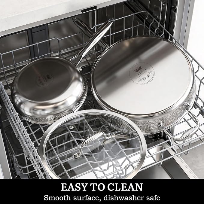 imarku 14-Piece Tri-Ply Hammered Stainless Steel Cookware Set | Multifunctional 14pc Pots and Pans with Steamer | Non-Toxic No-Coating Nonstick | Induction & Oven-Safe up to 500°F
