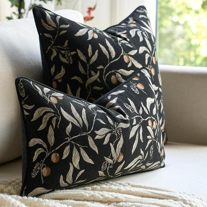Alerfa Black Floral Throw Pillow Cover 20 x 20 Inch Sqaure Luxury Decorative Pillow Cover for Couch Living Room Bedroom
