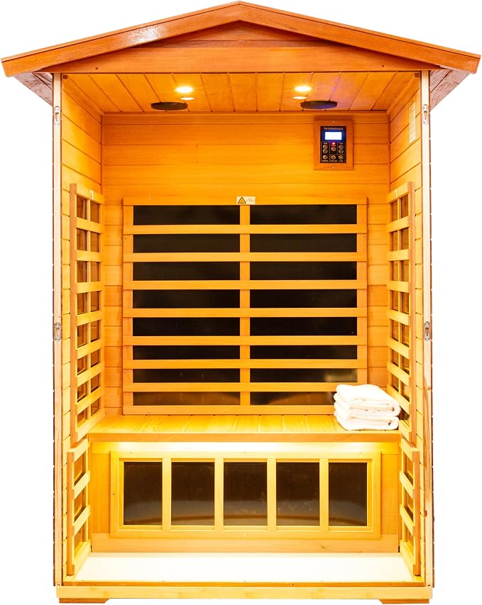 LTCCDSS Ultra-Low EMF Outdoor Sauna 2 Person, Mahogany Far Infrared Sauna for Home, Withstand Outdoor Temp -10℉-149℉| EMF Readings Below 0.5mG, 9 Low EMF Boards-Chromotherapy-Bluetooth Speaker
