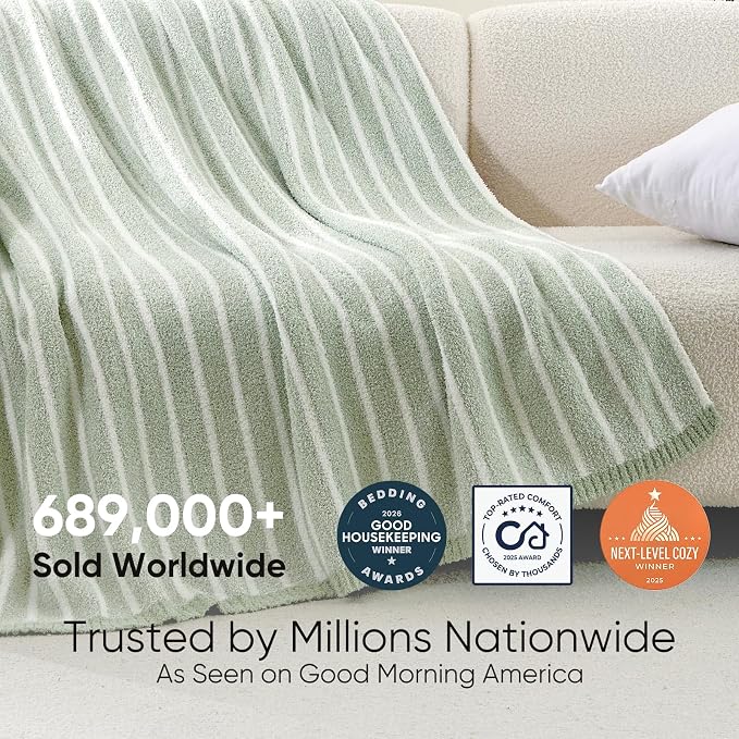 Snuggle Sac Ultra Soft Throw Blanket, Sage Green, 50"x60" | Reversible, Cozy Knitted Ribbed, Fuzzy Knit Striped, For Couch, Sofa, Bed, Home Decor