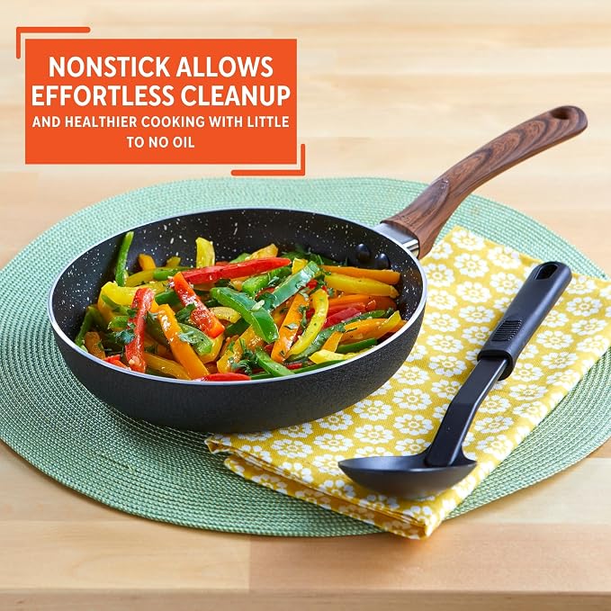 IMUSA USA Woodlook 8" Black Stone Fry Pan Handle and Speckled Nonstick Interior, 8" | Ideal for Stir-Frying, Great for Everyday Cooking