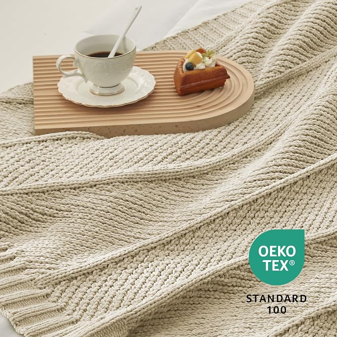 Knit Throw Blanket, Soft Chenille Cozy Breathable Chevron Chunky Decorative Blanket for Couch, Bed & Sofa, French-Inspired Lightweight Warm Gift for Women, Beige, 60"x80"