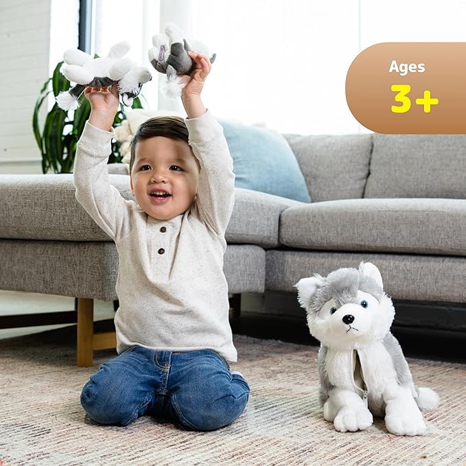 Plush Husky Dog with Zippered Pouch - Plushlings Collection - Soft Stuffed Animal Playset for Baby Boy, Girl, and Toddlers