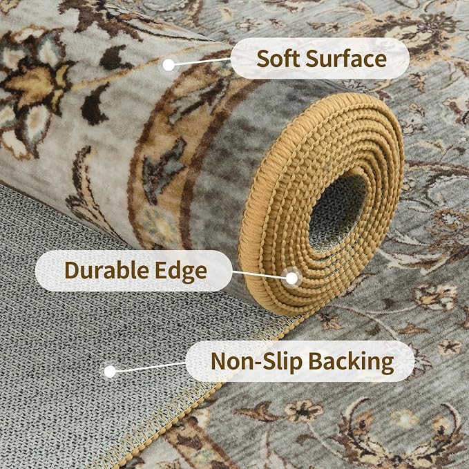 5x7 Ft Machine Washable Area Rugs for Bedroom, Thin Vintage Floral Print Rug Non Slip Carpet for Living Room, Dining Room, Office Home Decor (Brown)