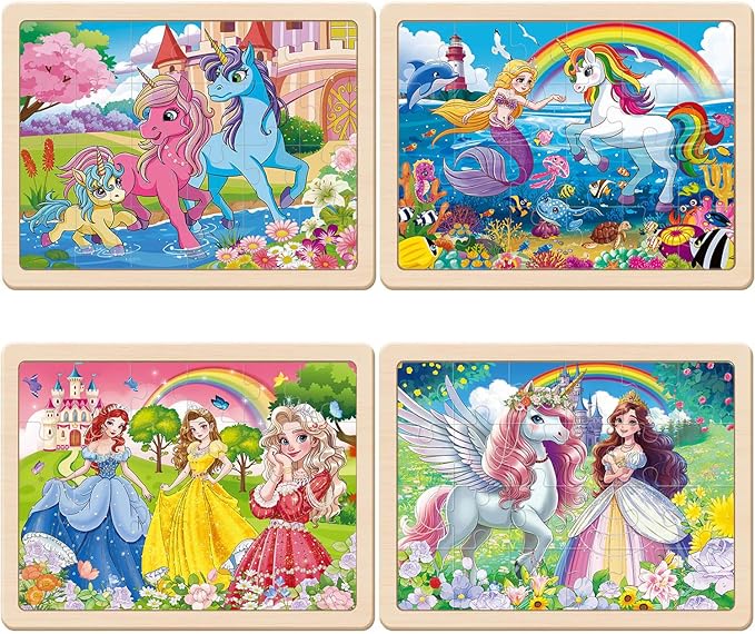 Wooden Puzzles for Kids Ages 4-6, 4 Packs 24 PCs Unicorn Mermaid Princess Jigsaw Puzzles, Preschool Educational Puzzles Toys Gifts for Girls 3 4 5 6 Years Old.