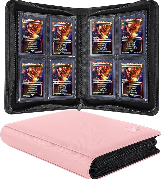 Top loader Binder, Holds 128+ Toploaders, 4 Pocket Top Loader Card Storage Case, Double-Sided Pockets for trading card in 3 x 4'' Toploaders（Pink）