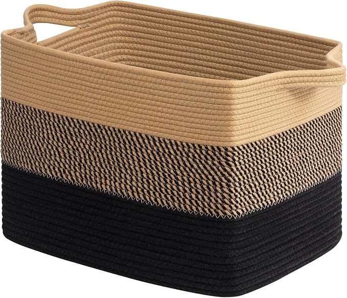 Goodpick 50L Large Woven Storage Basket, 18" x 14" x 12", Black & Jute | Stylish Gift Basket for Home Decor, Cotton Rope Baskets for Blankets & Toys Storage, Living Room & Bedroom Organization
