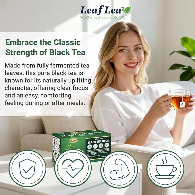 LeafLea Black Tea Bags, Strong Full-Bodied Black Tea Leaves, 40 Count | Bold, Naturally Caffeinated Morning Brew with Smooth Malty Finish; Sugar-Free, Vegan; Individually Foil-Wrapped