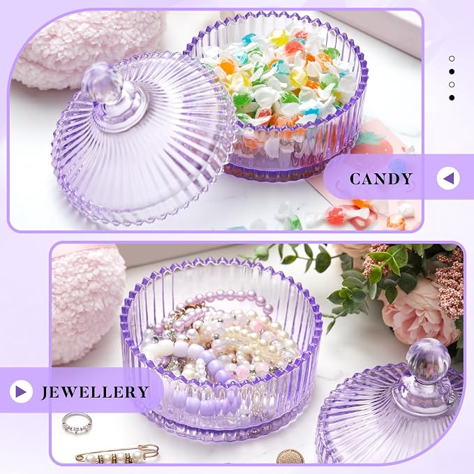 Tioncy 2 Pcs Extra Large Dusting Powder Puff and Container for Women-6'' Glass Crystal Dusting Powder Container with Body Soft Washable Reusable Velour Face(Purple,Classic)
