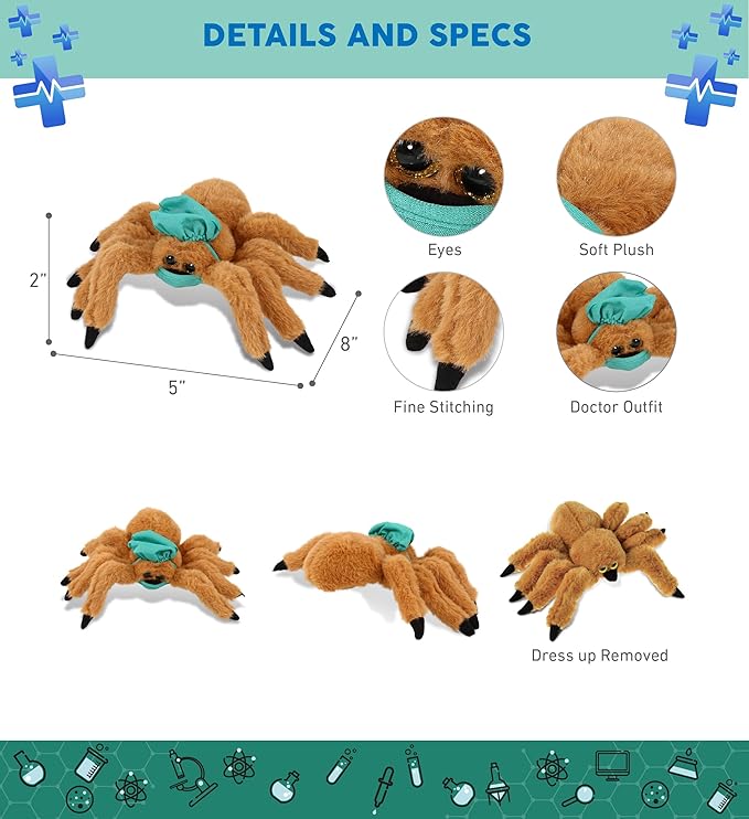 DolliBu Brown Spider Doctor Plush Toy - Super Soft Spider Doctor Stuffed Animal Dress Up with Cute Scrub Cap and Face Mask Outfit - Fluffy Doctor Toy Plush Gift - 7 inches