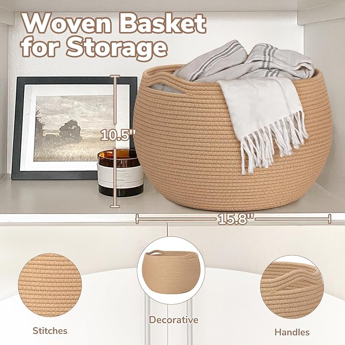 Goodpick Large Woven Storage Basket for Organizing, 15.7" x 10.5", Camel | Round Cotton Rope Basket With Handles, Holds Blankets, Toys & Daily Essentials, Decorative Basket for Living Room & Bedroom