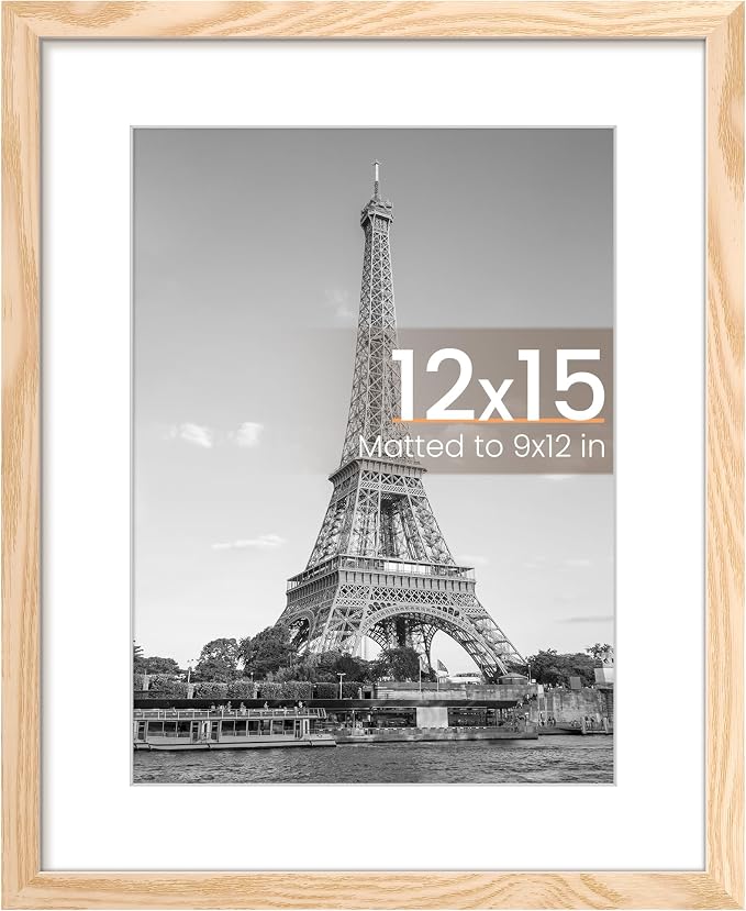 upsimples 12 x 15 Frame, Display Pictures 9x12 with Mat or 12x15 Without, Wall Hanging Photo Frame, Natural, 1 Pack