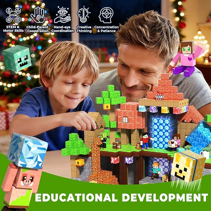 210PCS Magnetic Blocks with 8 Action Figures– 2025 STEM Magnetic Building Blocks for Kids Christmas, Creative Educational Play Set for Boys & Girls