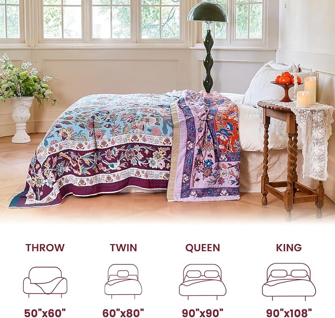 MSGKV Boho Throw Blanket 50"x60" Cotton Bird & Floral Throw for Bed & Couch | 100 Cotton Muslin, Bird & Floral Throw Blanket, Reversible Weave, Soft & Breathable, Nature Inspired Design, Machine Washable