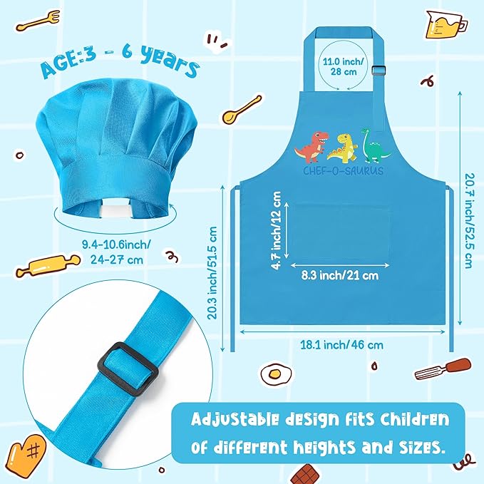 R HORSE Kid Apron and Chef Hat Set 2Pcs Adjustable Children Blue Kitchen Apron Dress up Role Play Chef Toy Kid Funny Cooking Gift Birthday Gift for Kids Cooking Baking Painting and Training